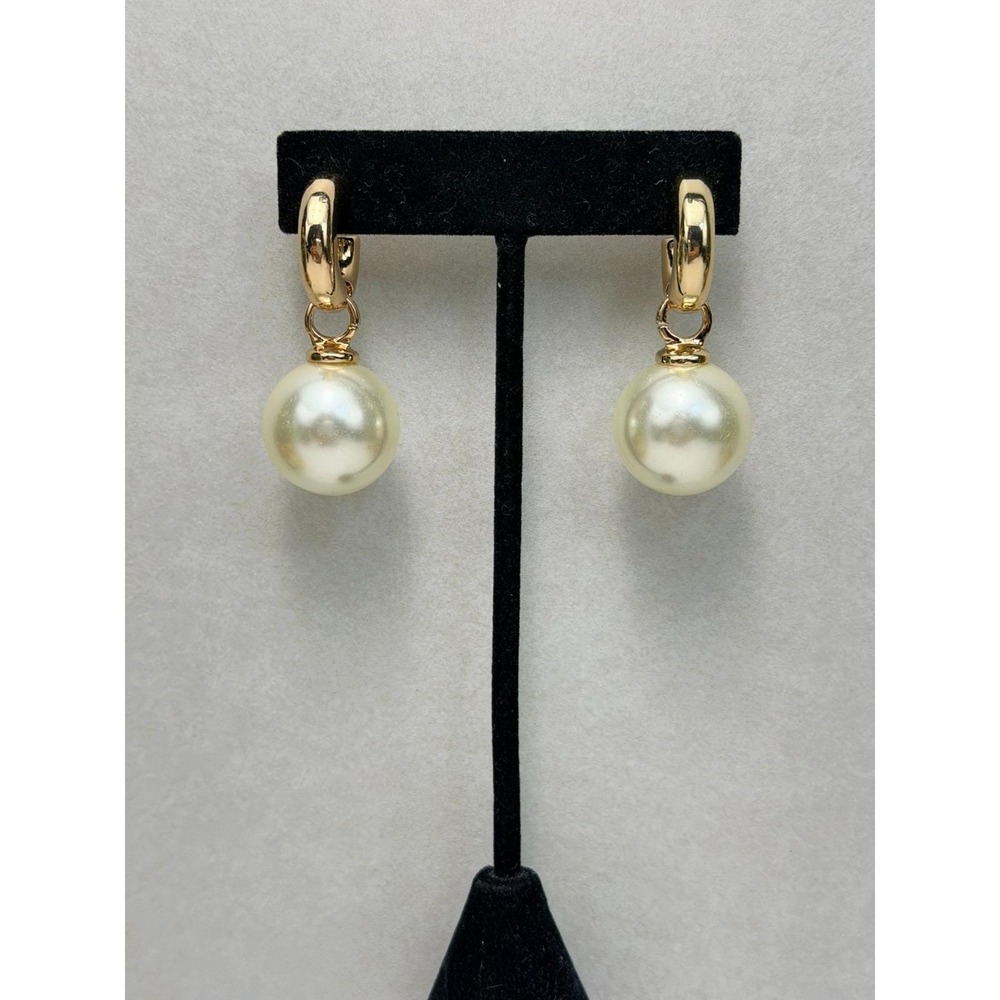 ZARA Imitation Pearl Drop Hoop Earrings Gold Tone Statement NWOT